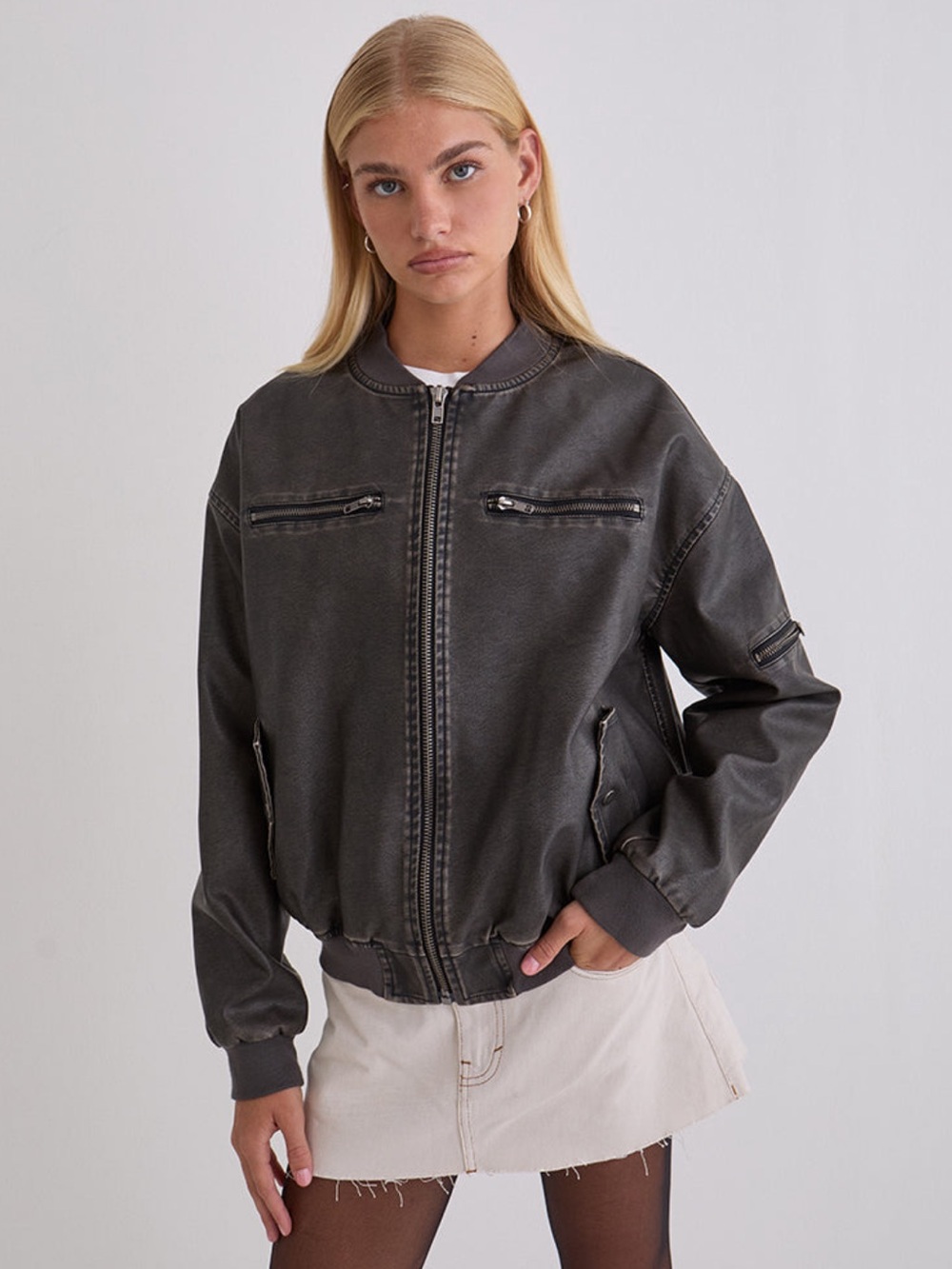 Motel Rocks Marco Leather Distressed Bomber Jacket in PU Charcoal